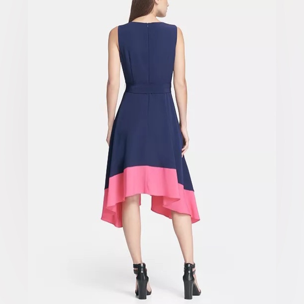 DKNY Navy Blue and Pink Contrast Hem Handkerchief Spring/Summer Dress - Picture 2 of 9
